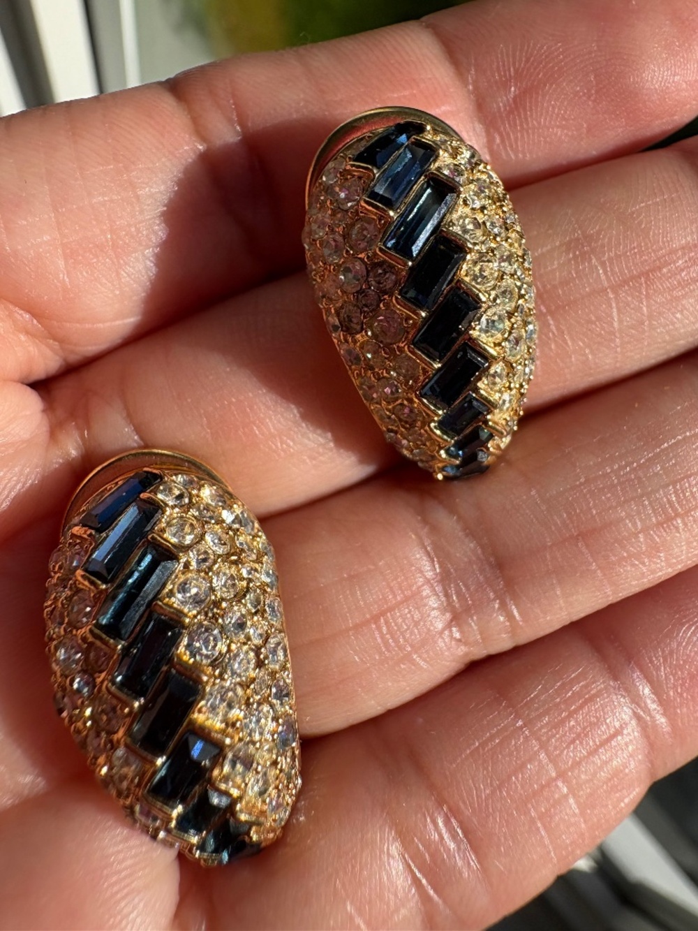 Vintage Sapphire Blue Baguette Chevron Hoop Earrings Gold Tone Pave Rhinestone